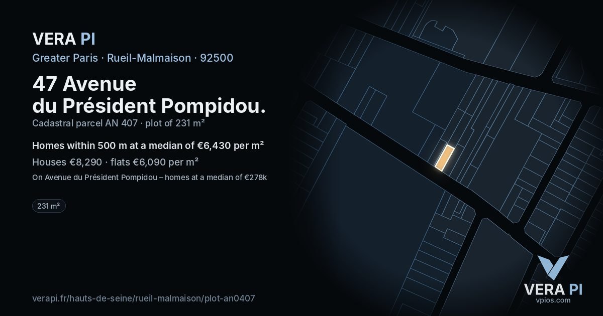 47 Avenue du Président Pompidou, Rueil-Malmaison at night – the plot lit, the parcels around coloured by the prices near them