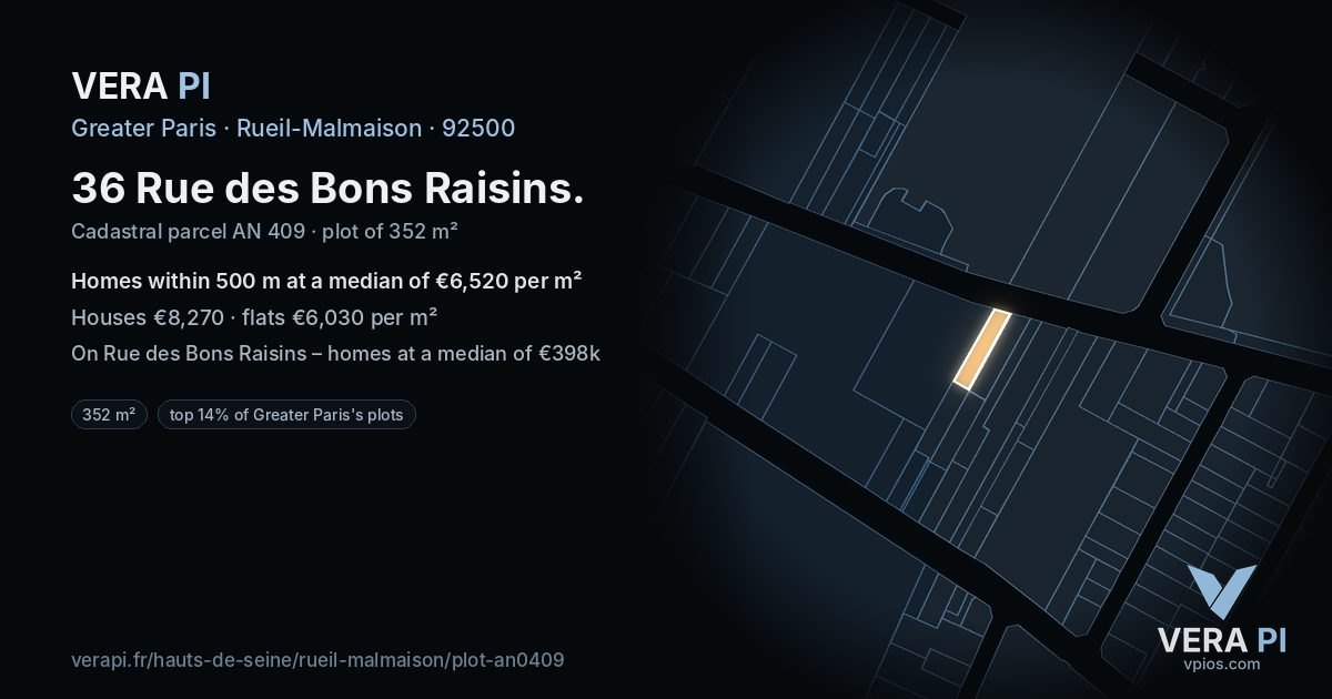 36 Rue des Bons Raisins, Rueil-Malmaison at night – the plot lit, the parcels around coloured by the prices near them