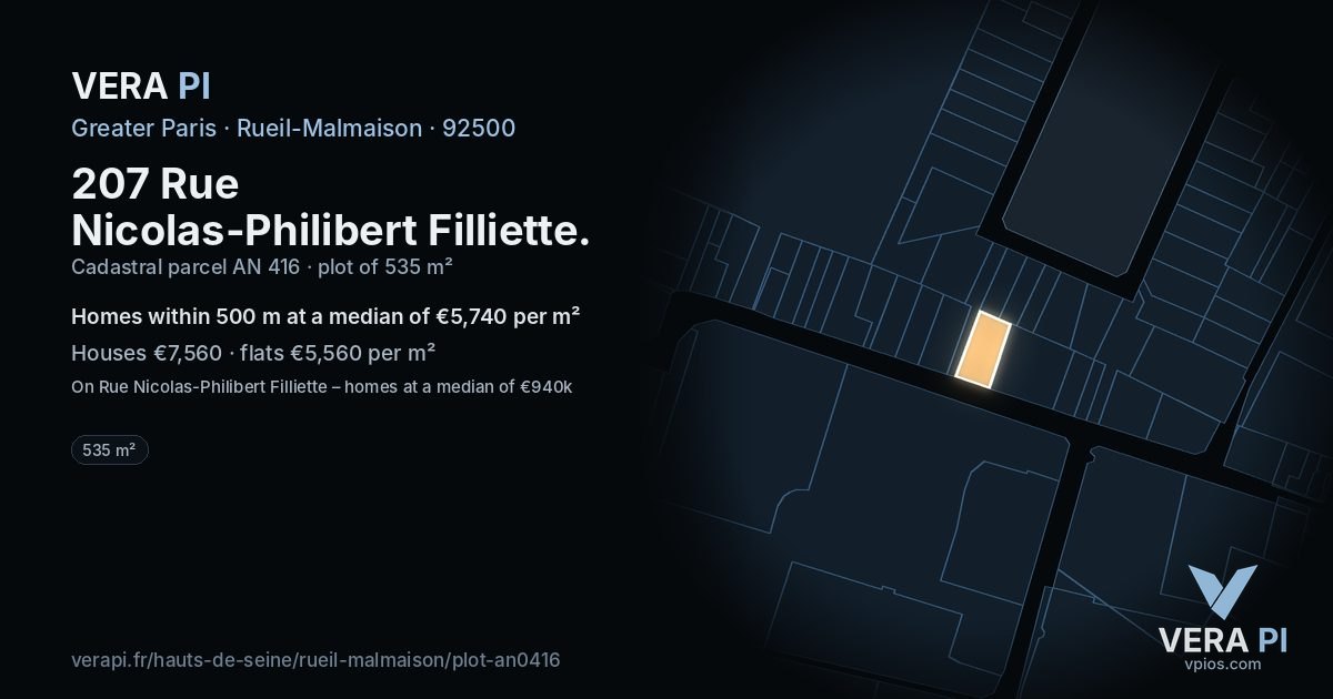 207 Rue Nicolas-Philibert Filliette, Rueil-Malmaison at night – the plot lit, the parcels around coloured by the prices near them