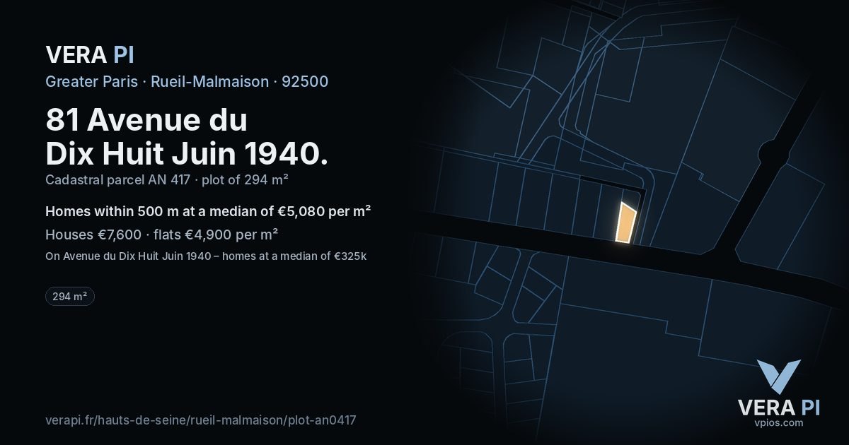 81 Avenue du Dix Huit Juin 1940, Rueil-Malmaison at night – the plot lit, the parcels around coloured by the prices near them