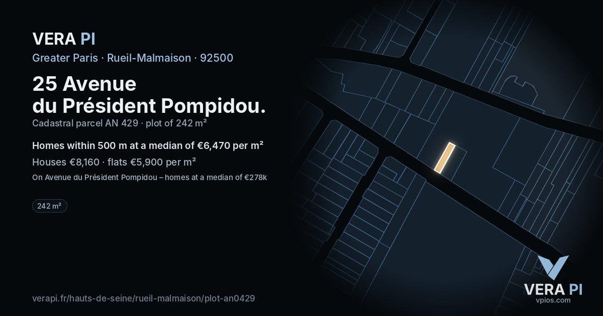 25 Avenue du Président Pompidou, Rueil-Malmaison at night – the plot lit, the parcels around coloured by the prices near them