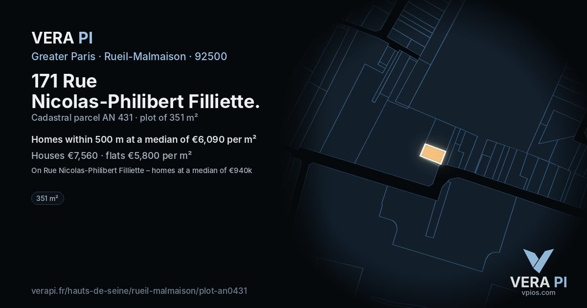 171 Rue Nicolas-Philibert Filliette, Rueil-Malmaison at night – the plot lit, the parcels around coloured by the prices near them