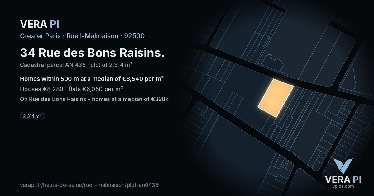 34 Rue des Bons Raisins, Rueil-Malmaison at night – the plot lit, the parcels around coloured by the prices near them