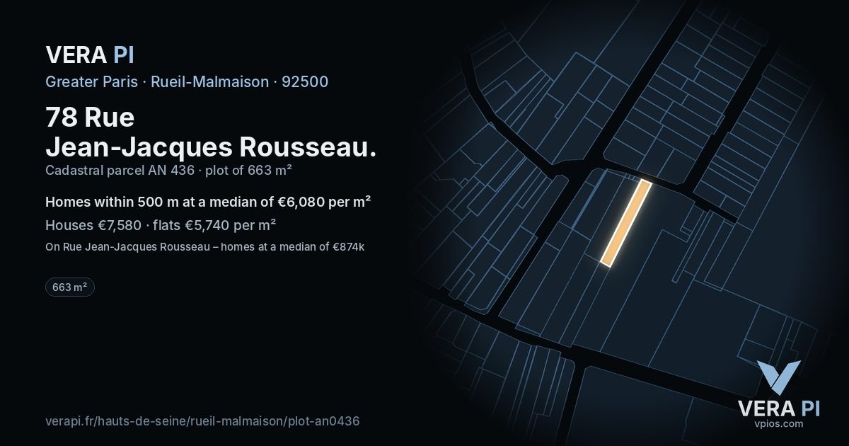 78 Rue Jean-Jacques Rousseau, Rueil-Malmaison at night – the plot lit, the parcels around coloured by the prices near them