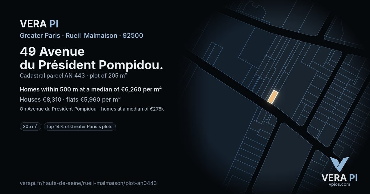 49 Avenue du Président Pompidou, Rueil-Malmaison at night – the plot lit, the parcels around coloured by the prices near them