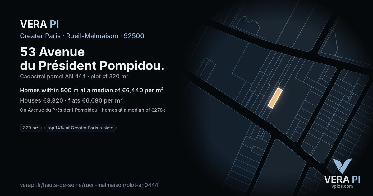 53 Avenue du Président Pompidou, Rueil-Malmaison at night – the plot lit, the parcels around coloured by the prices near them