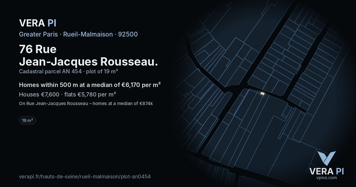 76 Rue Jean-Jacques Rousseau, Rueil-Malmaison at night – the plot lit, the parcels around coloured by the prices near them