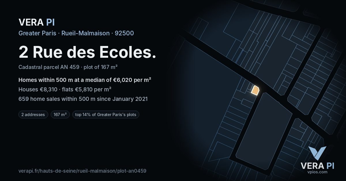 2 Rue des Ecoles, Rueil-Malmaison at night – the plot lit, the parcels around coloured by the prices near them