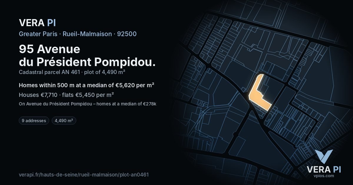 95 Avenue du Président Pompidou, Rueil-Malmaison at night – the plot lit, the parcels around coloured by the prices near them