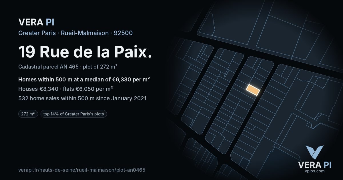 19 Rue de la Paix, Rueil-Malmaison at night – the plot lit, the parcels around coloured by the prices near them