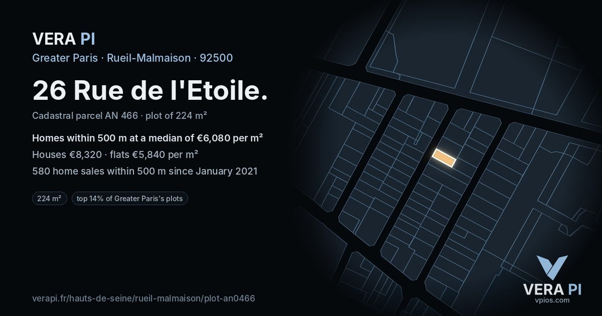 26 Rue de l'Etoile, Rueil-Malmaison at night – the plot lit, the parcels around coloured by the prices near them