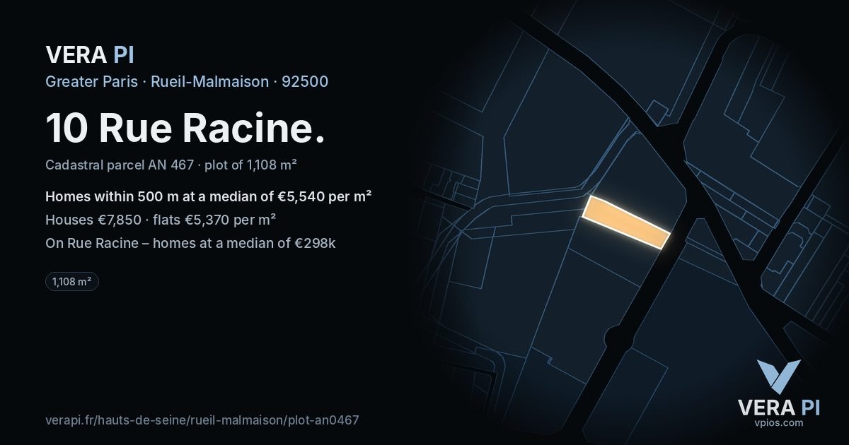 10 Rue Racine, Rueil-Malmaison at night – the plot lit, the parcels around coloured by the prices near them