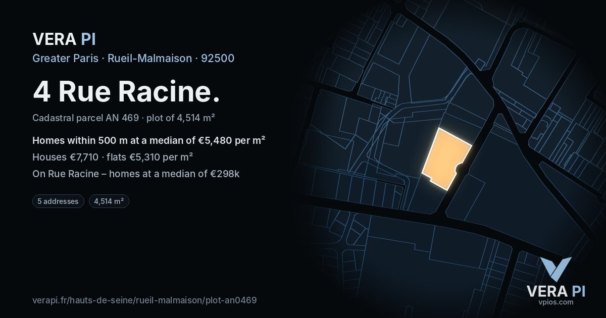 4 Rue Racine, Rueil-Malmaison at night – the plot lit, the parcels around coloured by the prices near them