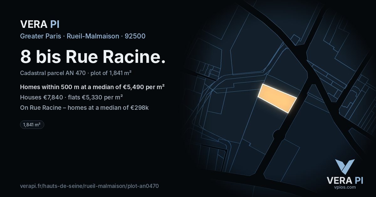 8 bis Rue Racine, Rueil-Malmaison at night – the plot lit, the parcels around coloured by the prices near them