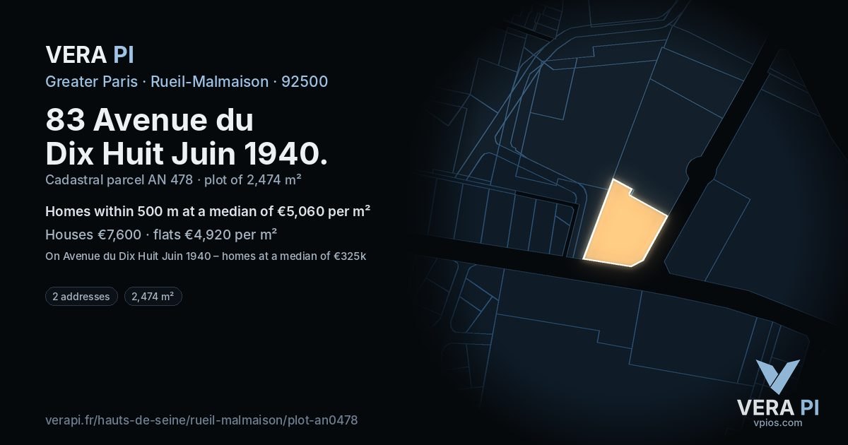 83 Avenue du Dix Huit Juin 1940, Rueil-Malmaison at night – the plot lit, the parcels around coloured by the prices near them