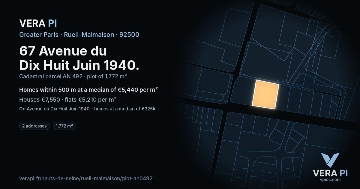 67 Avenue du Dix Huit Juin 1940, Rueil-Malmaison at night – the plot lit, the parcels around coloured by the prices near them