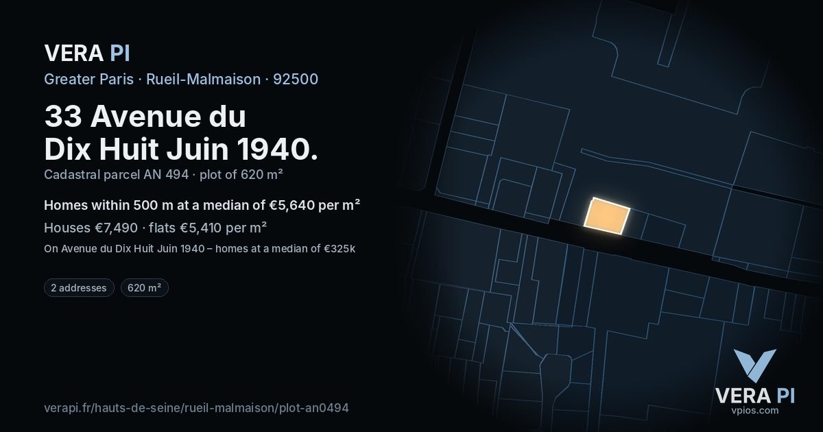 33 Avenue du Dix Huit Juin 1940, Rueil-Malmaison at night – the plot lit, the parcels around coloured by the prices near them