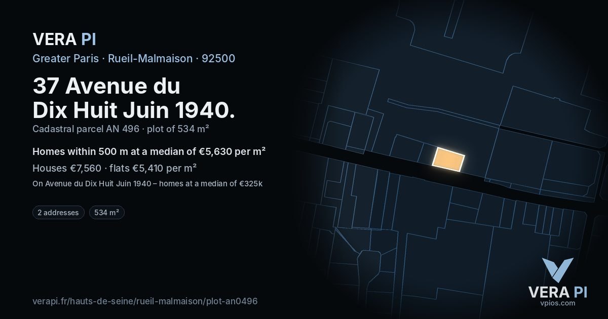 37 Avenue du Dix Huit Juin 1940, Rueil-Malmaison at night – the plot lit, the parcels around coloured by the prices near them