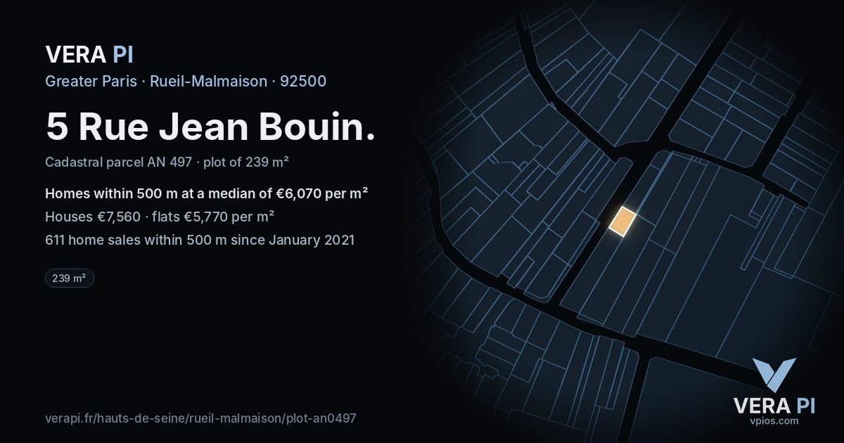 5 Rue Jean Bouin, Rueil-Malmaison at night – the plot lit, the parcels around coloured by the prices near them