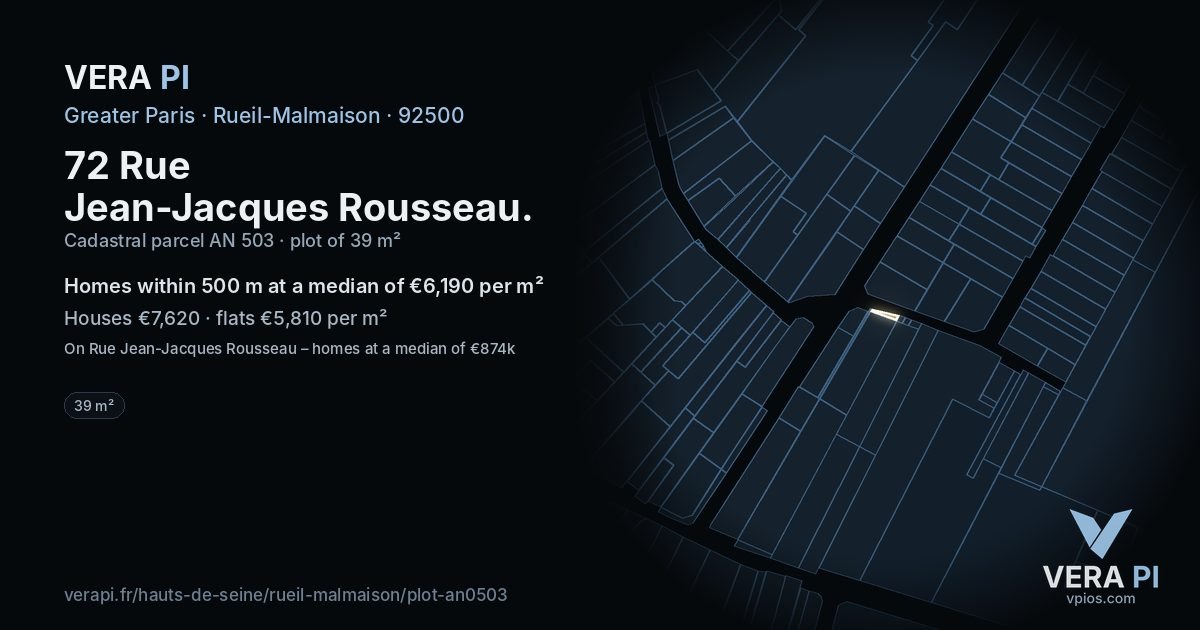 72 Rue Jean-Jacques Rousseau, Rueil-Malmaison at night – the plot lit, the parcels around coloured by the prices near them