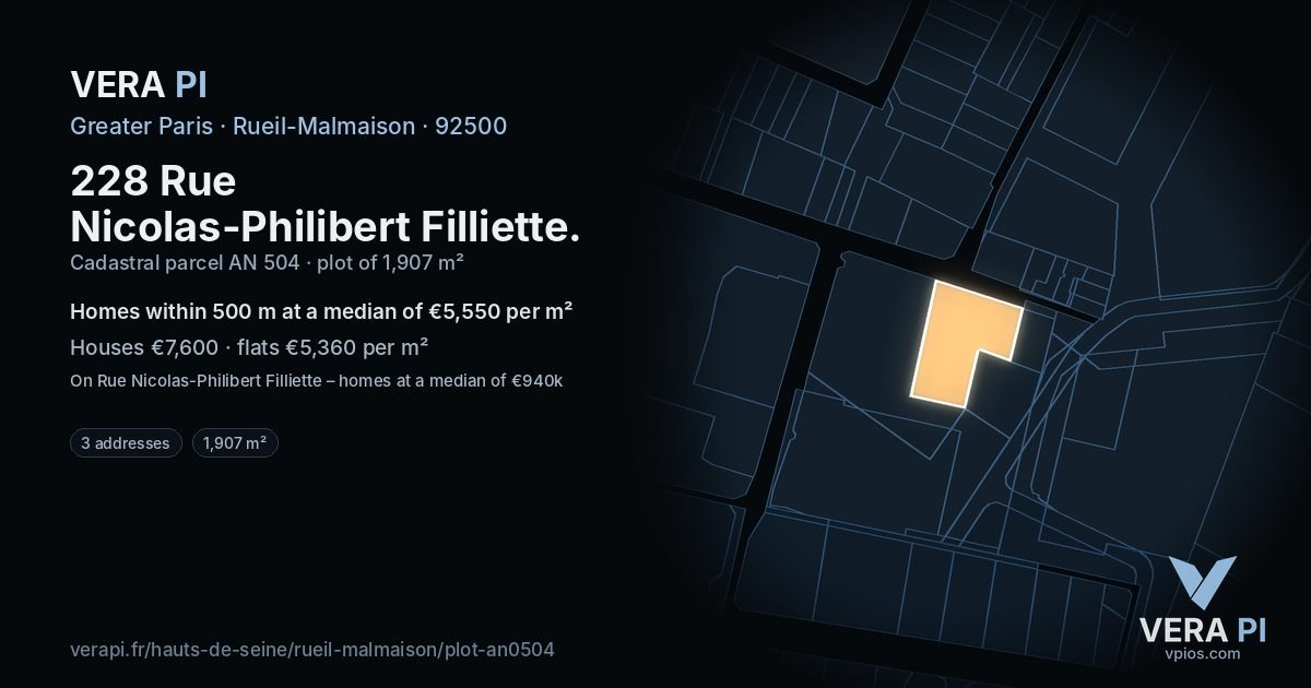 228 Rue Nicolas-Philibert Filliette, Rueil-Malmaison at night – the plot lit, the parcels around coloured by the prices near them