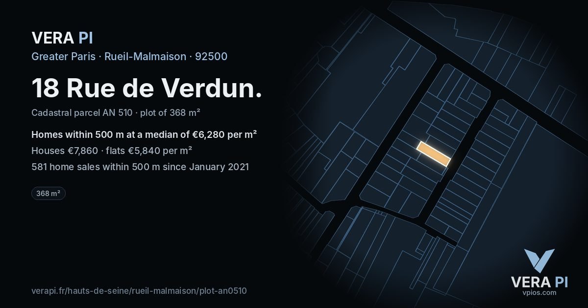 18 Rue de Verdun, Rueil-Malmaison at night – the plot lit, the parcels around coloured by the prices near them