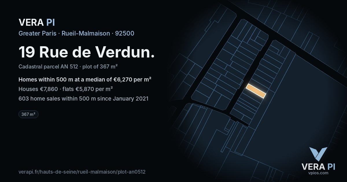 19 Rue de Verdun, Rueil-Malmaison at night – the plot lit, the parcels around coloured by the prices near them