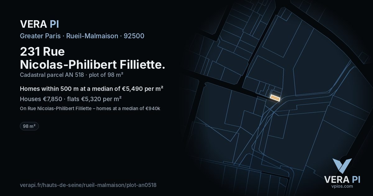 231 Rue Nicolas-Philibert Filliette, Rueil-Malmaison at night – the plot lit, the parcels around coloured by the prices near them