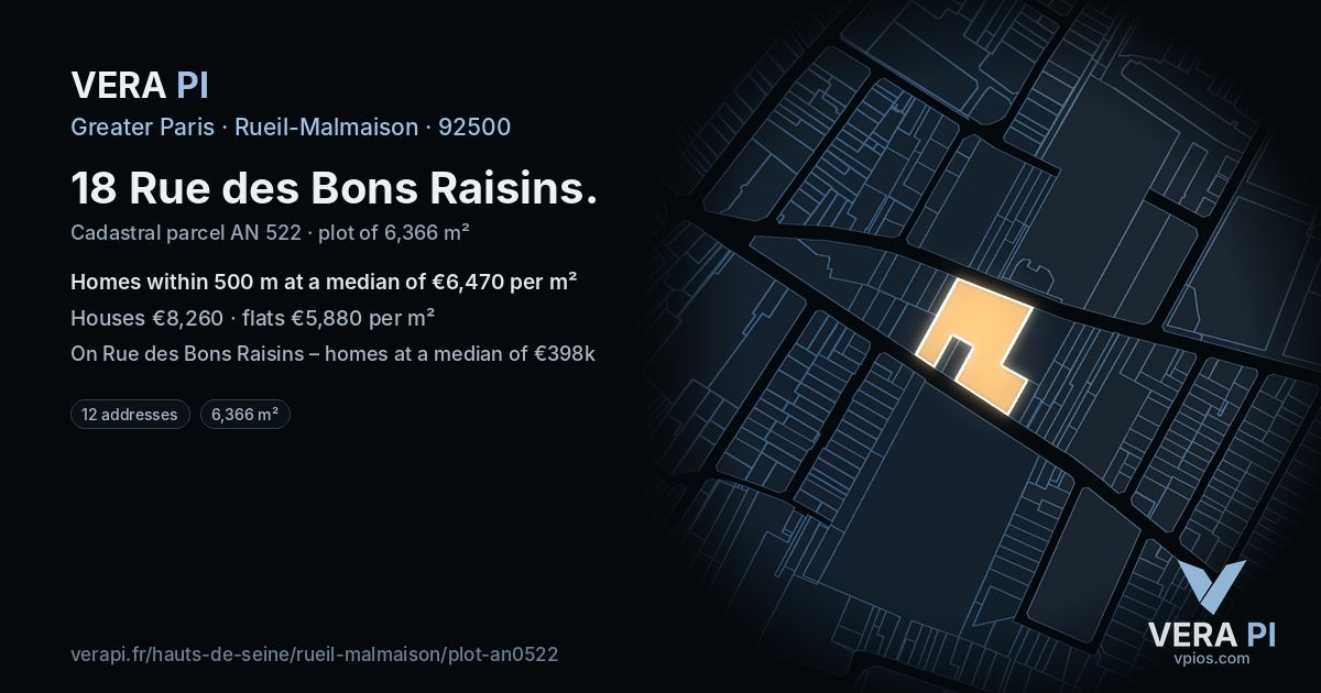 18 Rue des Bons Raisins, Rueil-Malmaison at night – the plot lit, the parcels around coloured by the prices near them