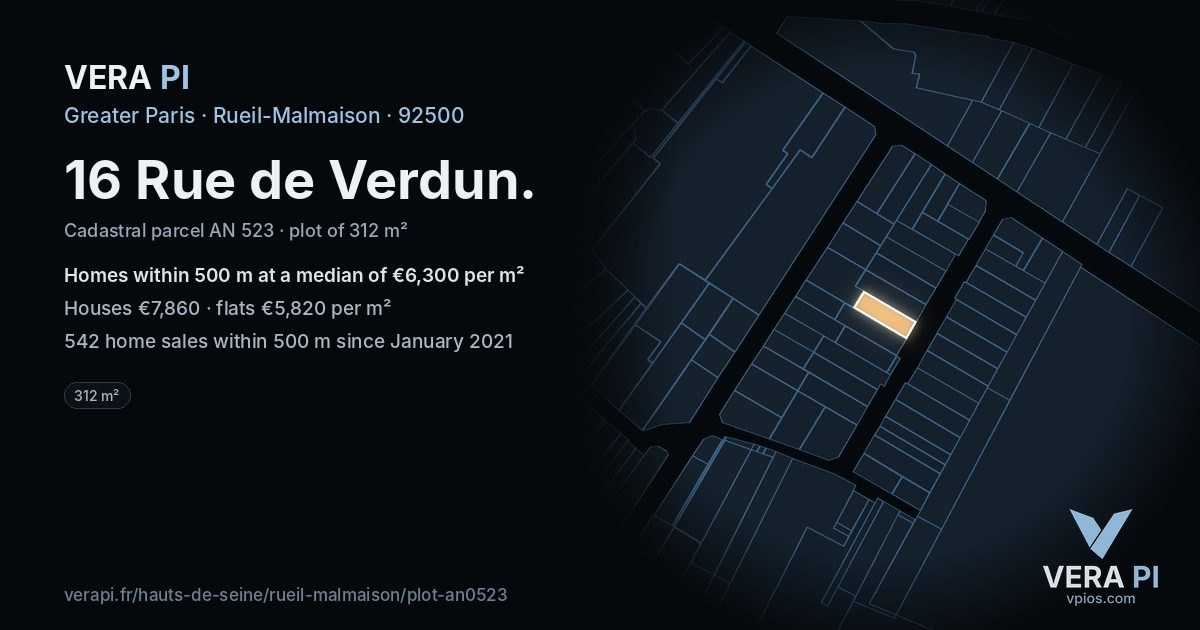 16 Rue de Verdun, Rueil-Malmaison at night – the plot lit, the parcels around coloured by the prices near them