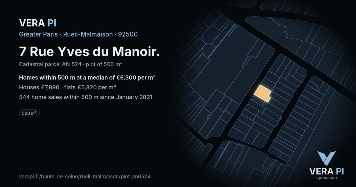 7 Rue Yves du Manoir, Rueil-Malmaison at night – the plot lit, the parcels around coloured by the prices near them