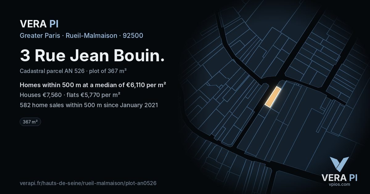 3 Rue Jean Bouin, Rueil-Malmaison at night – the plot lit, the parcels around coloured by the prices near them