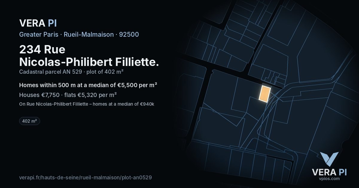 234 Rue Nicolas-Philibert Filliette, Rueil-Malmaison at night – the plot lit, the parcels around coloured by the prices near them