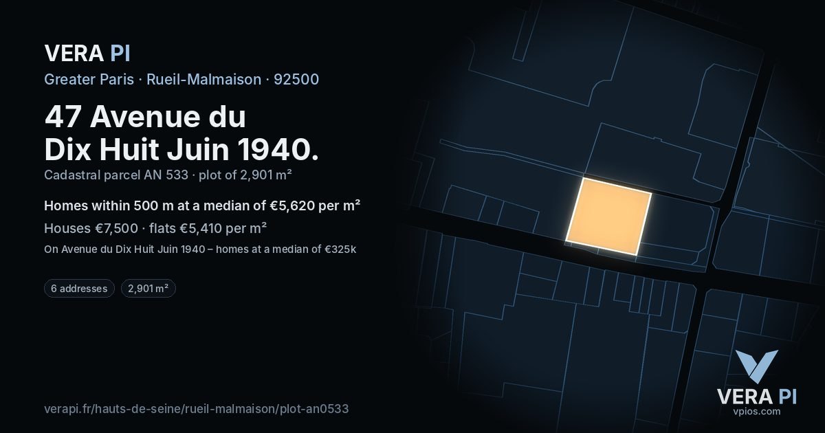 47 Avenue du Dix Huit Juin 1940, Rueil-Malmaison at night – the plot lit, the parcels around coloured by the prices near them