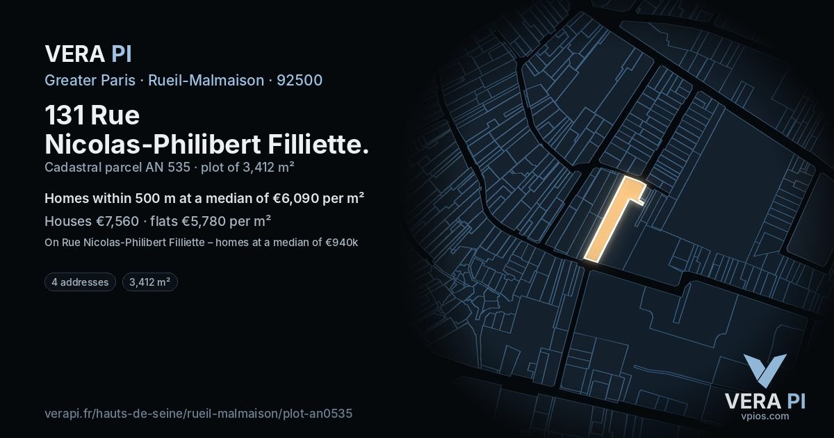 131 Rue Nicolas-Philibert Filliette, Rueil-Malmaison at night – the plot lit, the parcels around coloured by the prices near them
