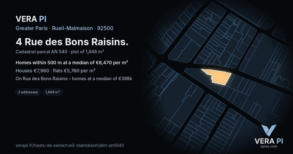 4 Rue des Bons Raisins, Rueil-Malmaison at night – the plot lit, the parcels around coloured by the prices near them