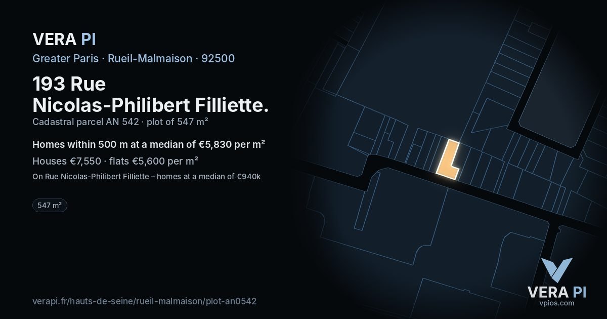 193 Rue Nicolas-Philibert Filliette, Rueil-Malmaison at night – the plot lit, the parcels around coloured by the prices near them