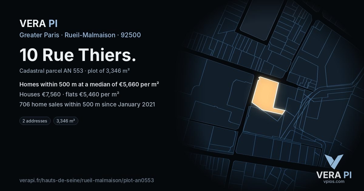 10 Rue Thiers, Rueil-Malmaison at night – the plot lit, the parcels around coloured by the prices near them