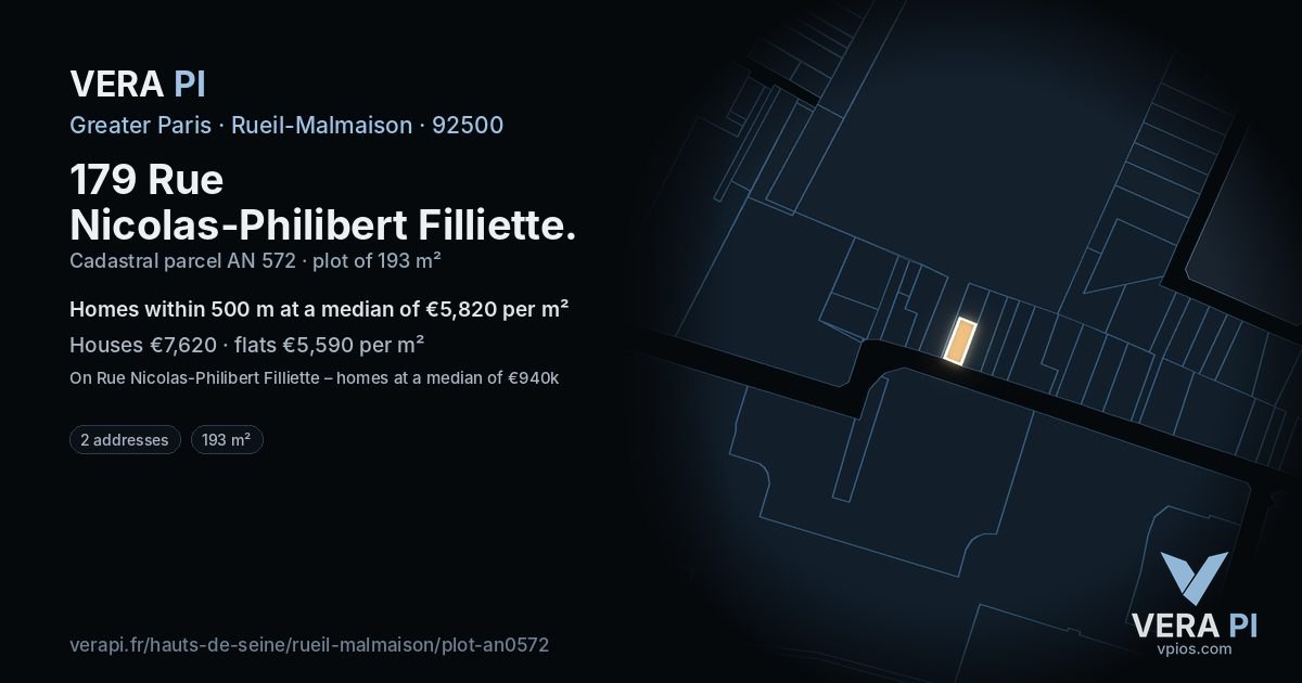 179 Rue Nicolas-Philibert Filliette, Rueil-Malmaison at night – the plot lit, the parcels around coloured by the prices near them