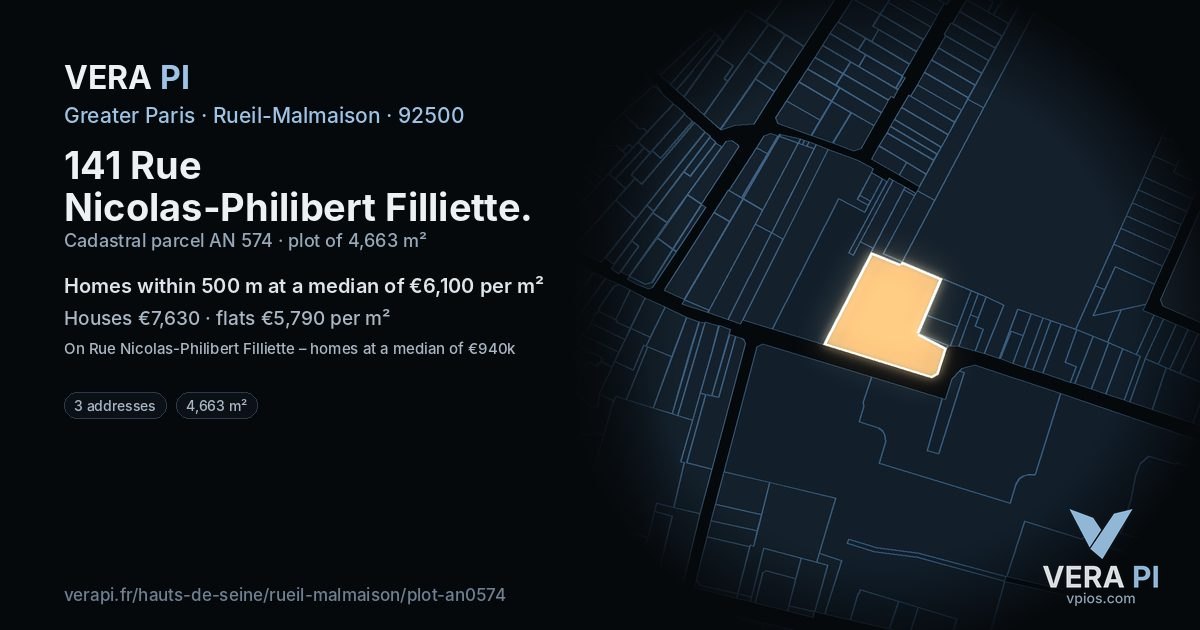 141 Rue Nicolas-Philibert Filliette, Rueil-Malmaison at night – the plot lit, the parcels around coloured by the prices near them