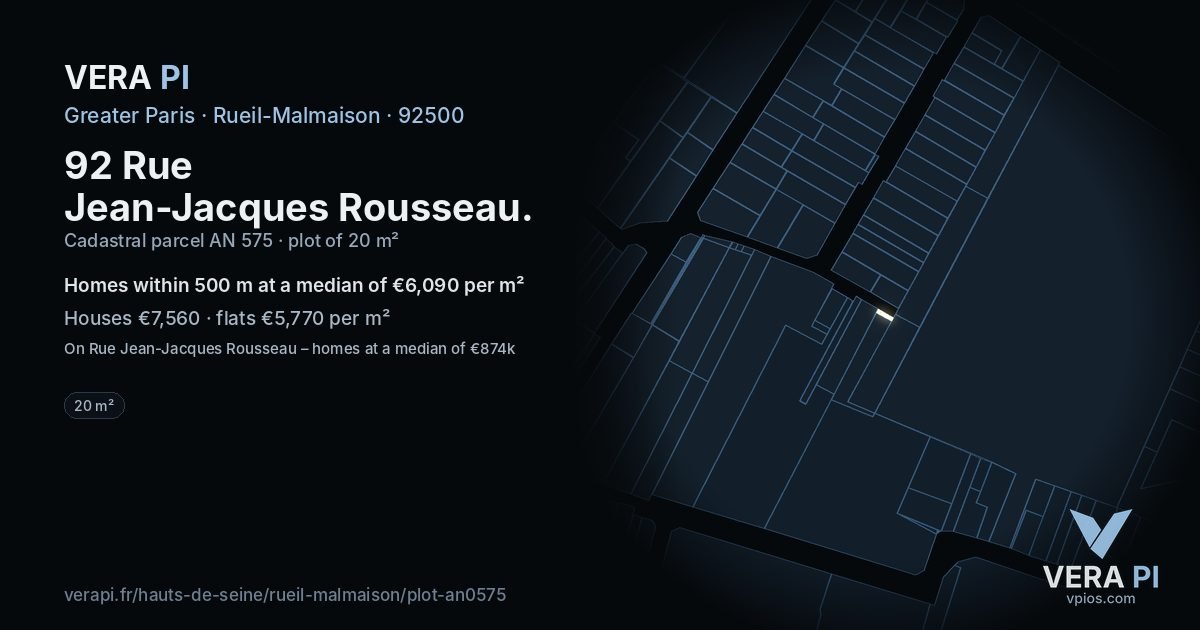 92 Rue Jean-Jacques Rousseau, Rueil-Malmaison at night – the plot lit, the parcels around coloured by the prices near them