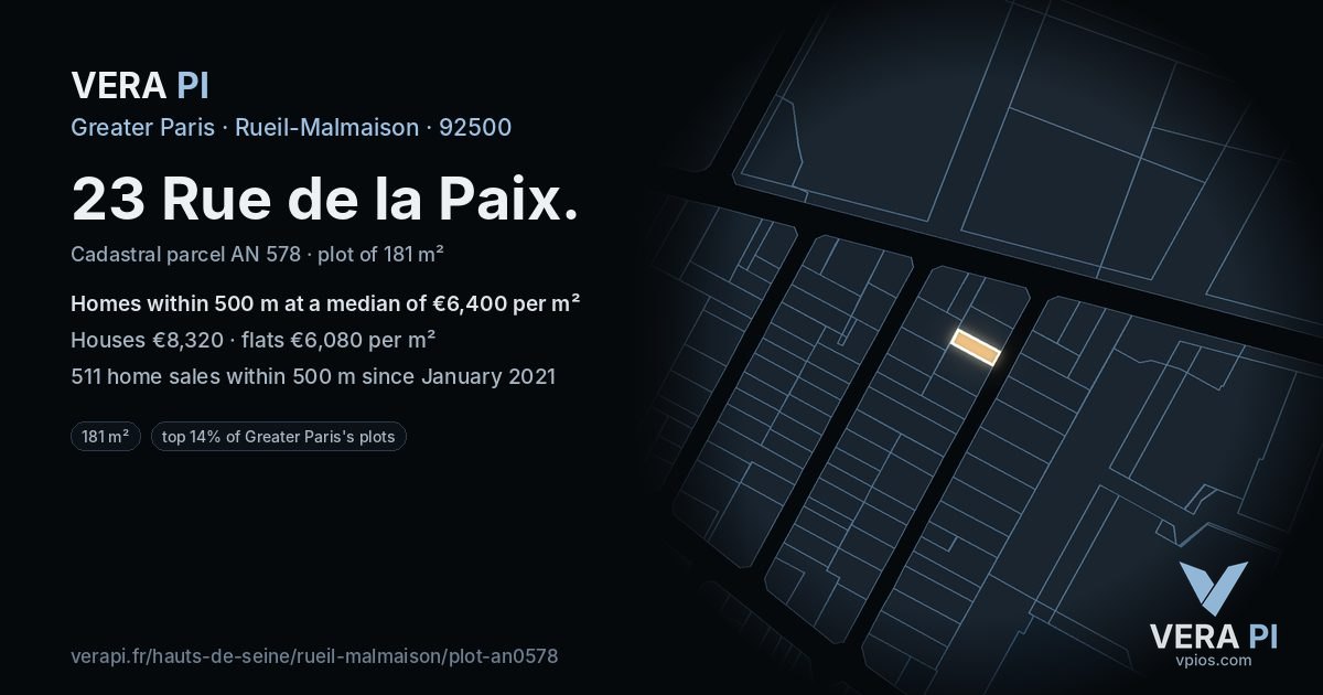 23 Rue de la Paix, Rueil-Malmaison at night – the plot lit, the parcels around coloured by the prices near them