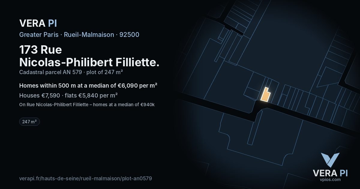 173 Rue Nicolas-Philibert Filliette, Rueil-Malmaison at night – the plot lit, the parcels around coloured by the prices near them