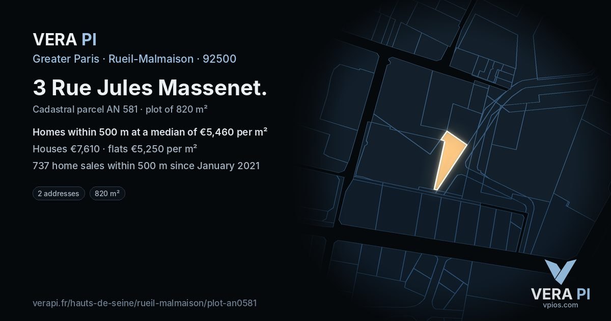 3 Rue Jules Massenet, Rueil-Malmaison at night – the plot lit, the parcels around coloured by the prices near them