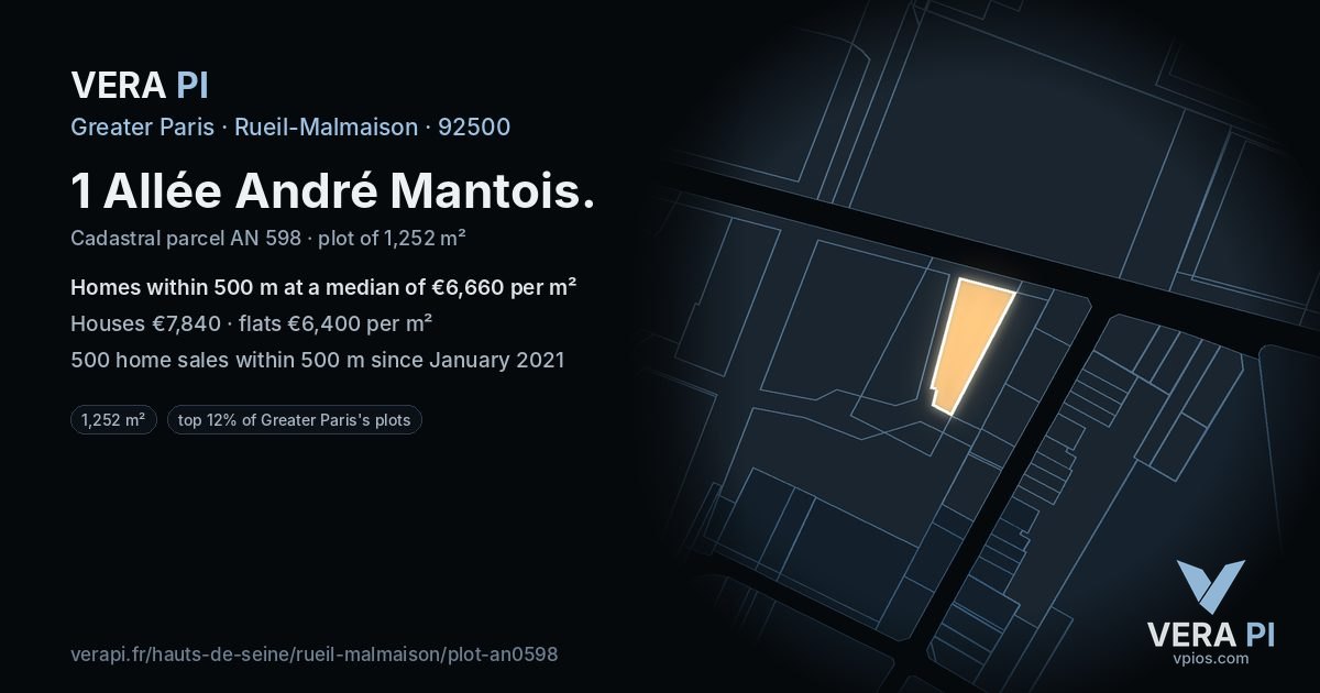1 Allée André Mantois, Rueil-Malmaison at night – the plot lit, the parcels around coloured by the prices near them