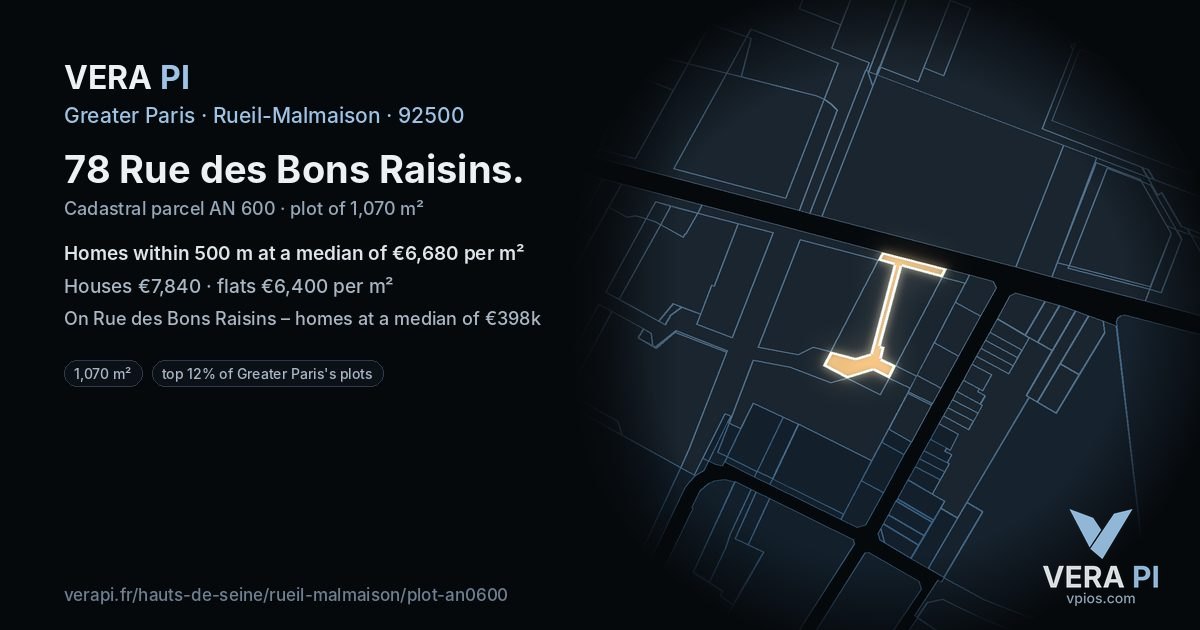 78 Rue des Bons Raisins, Rueil-Malmaison at night – the plot lit, the parcels around coloured by the prices near them