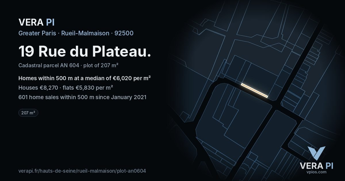 19 Rue du Plateau, Rueil-Malmaison at night – the plot lit, the parcels around coloured by the prices near them