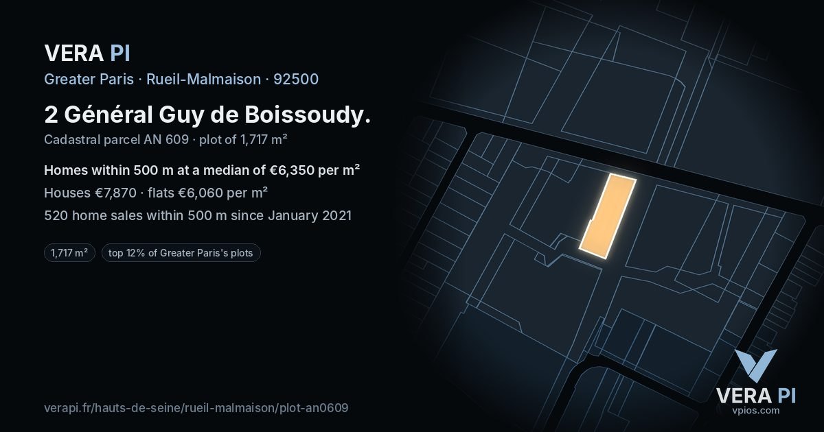 2 Général Guy de Boissoudy, Rueil-Malmaison at night – the plot lit, the parcels around coloured by the prices near them
