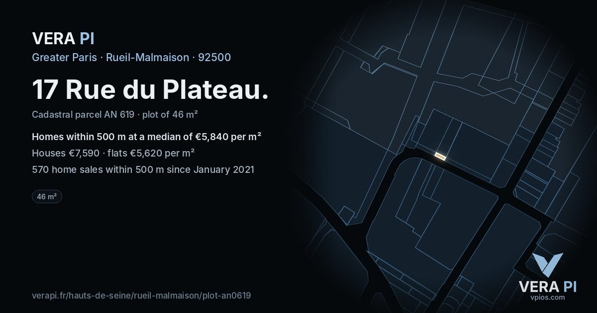 17 Rue du Plateau, Rueil-Malmaison at night – the plot lit, the parcels around coloured by the prices near them