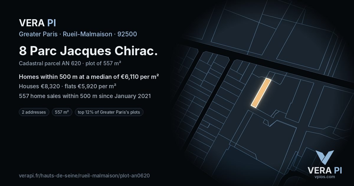 8 Parc Jacques Chirac, Rueil-Malmaison at night – the plot lit, the parcels around coloured by the prices near them